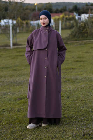 Cotton High Collar Buttoned Trenchcoat Dark Plum - 5