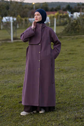 Cotton High Collar Buttoned Trenchcoat Dark Plum (1)