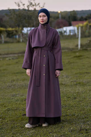 Cotton High Collar Buttoned Trenchcoat Dark Plum