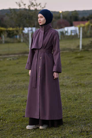 Cotton High Collar Buttoned Trenchcoat Dark Plum - 4