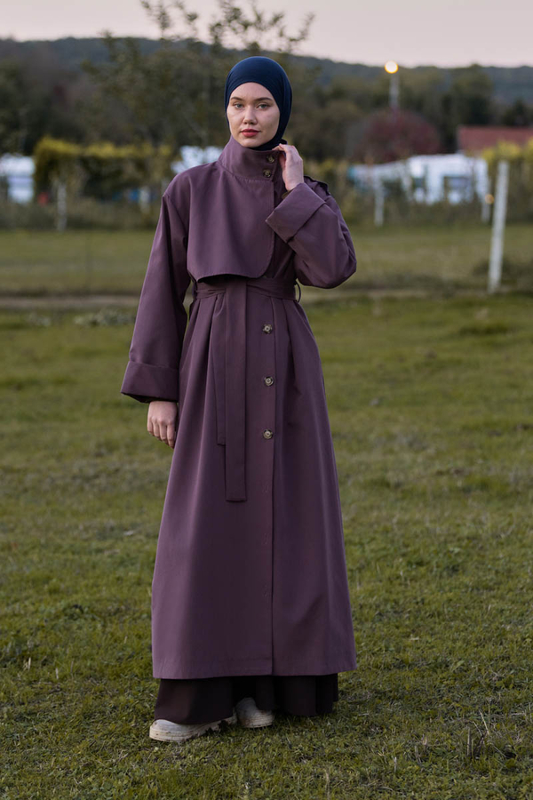 Cotton High Collar Buttoned Trenchcoat Dark Plum - 6