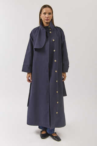 Cotton High Collar Buttoned Trenchcoat Navy - 7