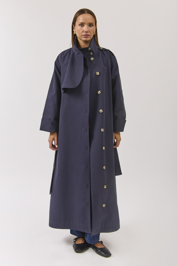 Cotton High Collar Buttoned Trenchcoat Navy - 7