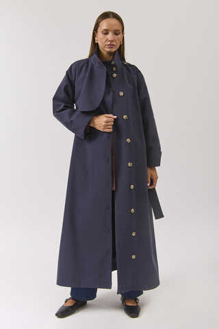 Cotton High Collar Buttoned Trenchcoat Navy - 8