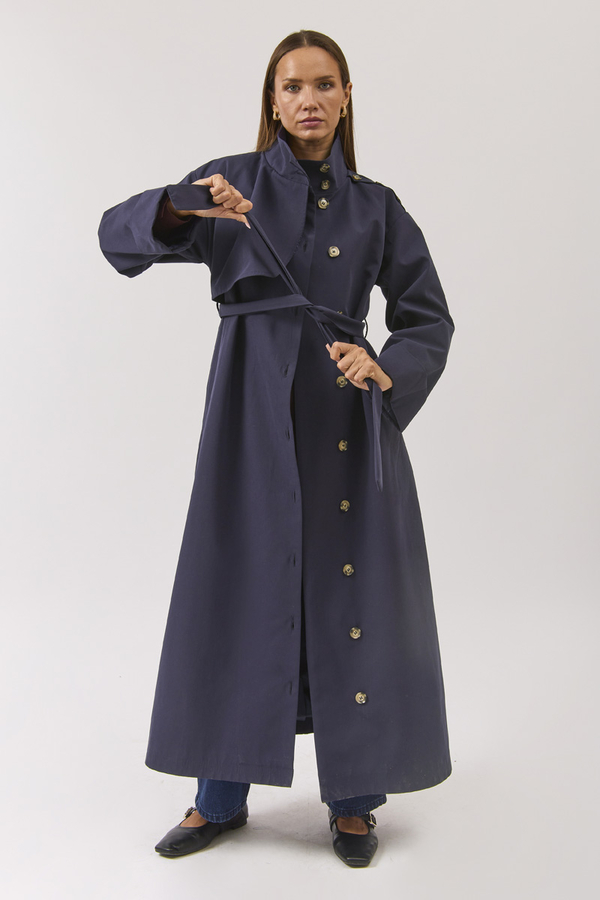 Cotton High Collar Buttoned Trenchcoat Navy - 9