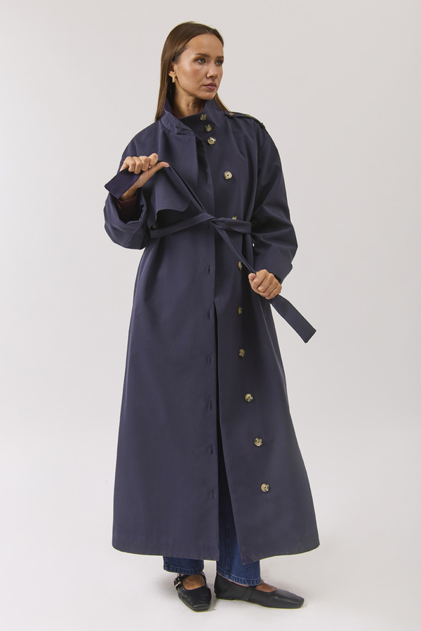 Cotton High Collar Buttoned Trenchcoat Navy - 10