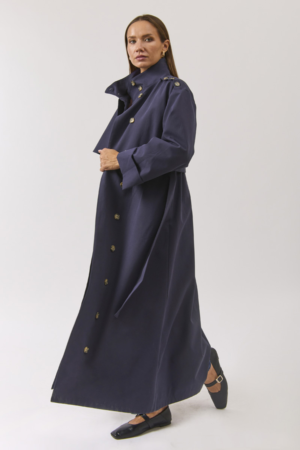 Cotton High Collar Buttoned Trenchcoat Navy - 11