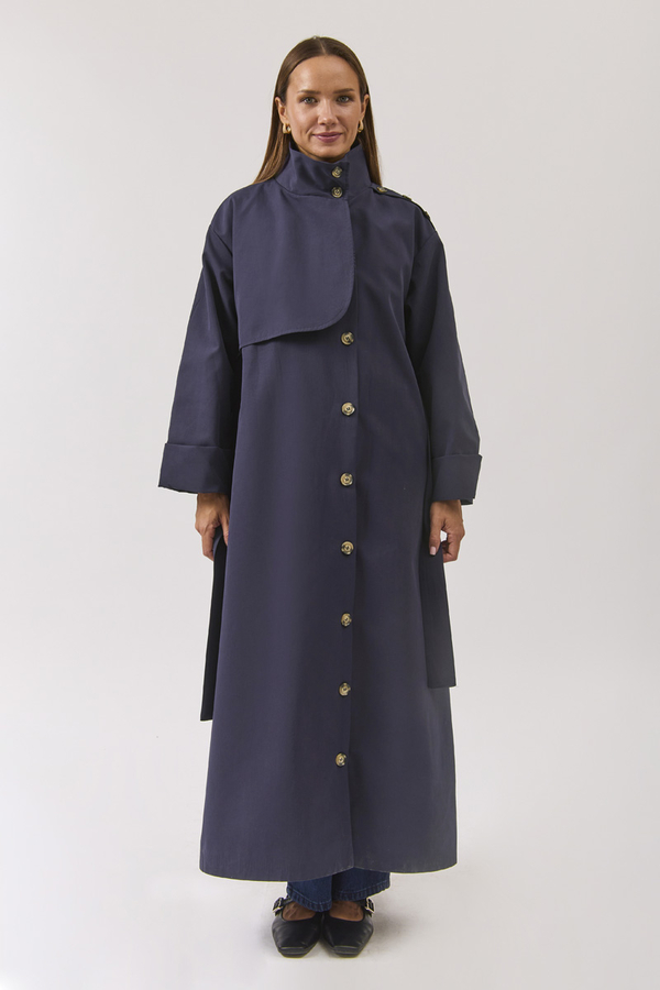 Cotton High Collar Buttoned Trenchcoat Navy - 12