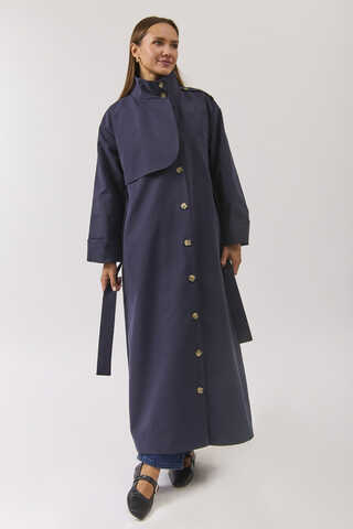 Cotton High Collar Buttoned Trenchcoat Navy - 13