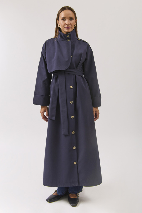 Cotton High Collar Buttoned Trenchcoat Navy - 14