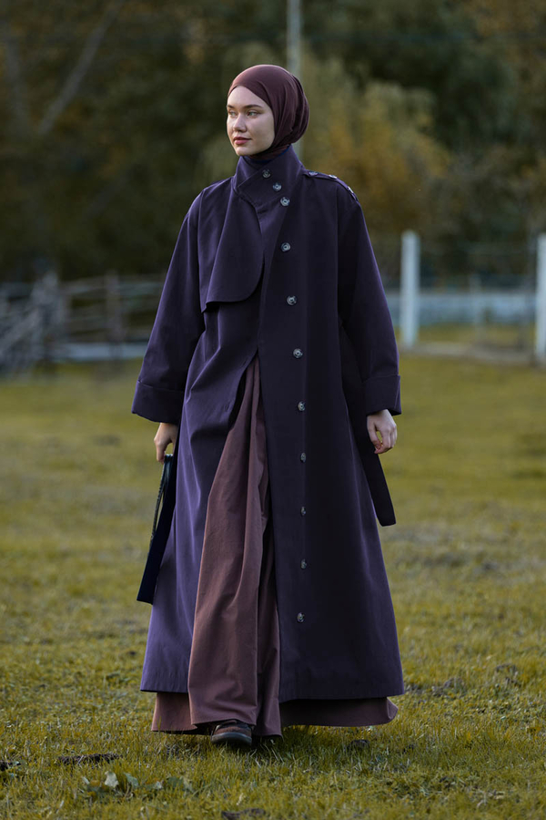 Cotton High Collar Buttoned Trenchcoat Navy - 2