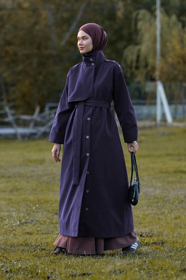 Cotton High Collar Buttoned Trenchcoat Navy - 5