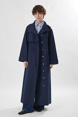 Cotton High Collar Buttoned Trenchcoat Navy - 1