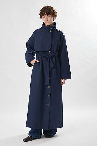 Cotton High Collar Buttoned Trenchcoat Navy - 2