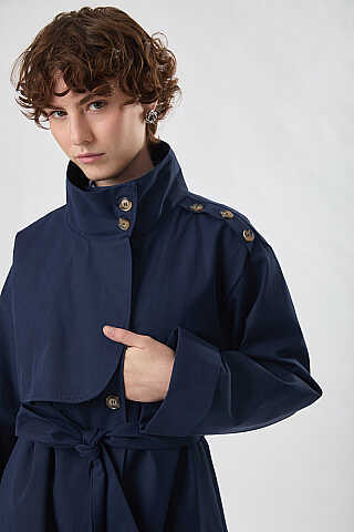 Cotton High Collar Buttoned Trenchcoat Navy - 5