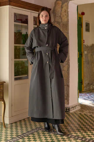 Cotton High-Neck Buttoned Trench Coat Anthracite - 1