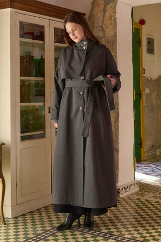 Cotton High-Neck Buttoned Trench Coat Anthracite - 2
