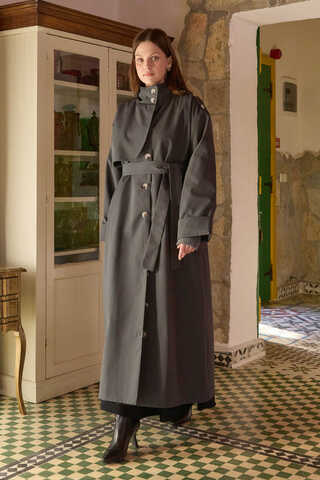 Cotton High-Neck Buttoned Trench Coat Anthracite - 3