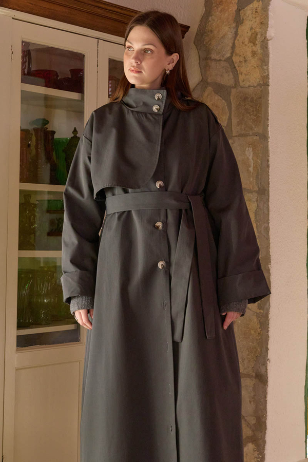 Cotton High-Neck Buttoned Trench Coat Anthracite - 4