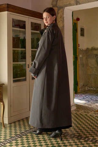 Cotton High-Neck Buttoned Trench Coat Anthracite - 5