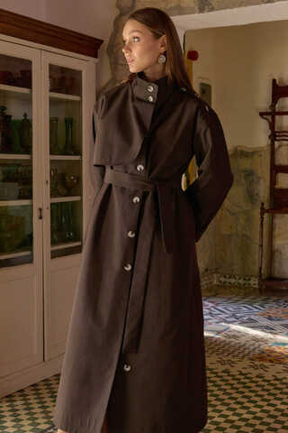 Cotton High-Neck Buttoned Trench Coat Dark Coffee - 2
