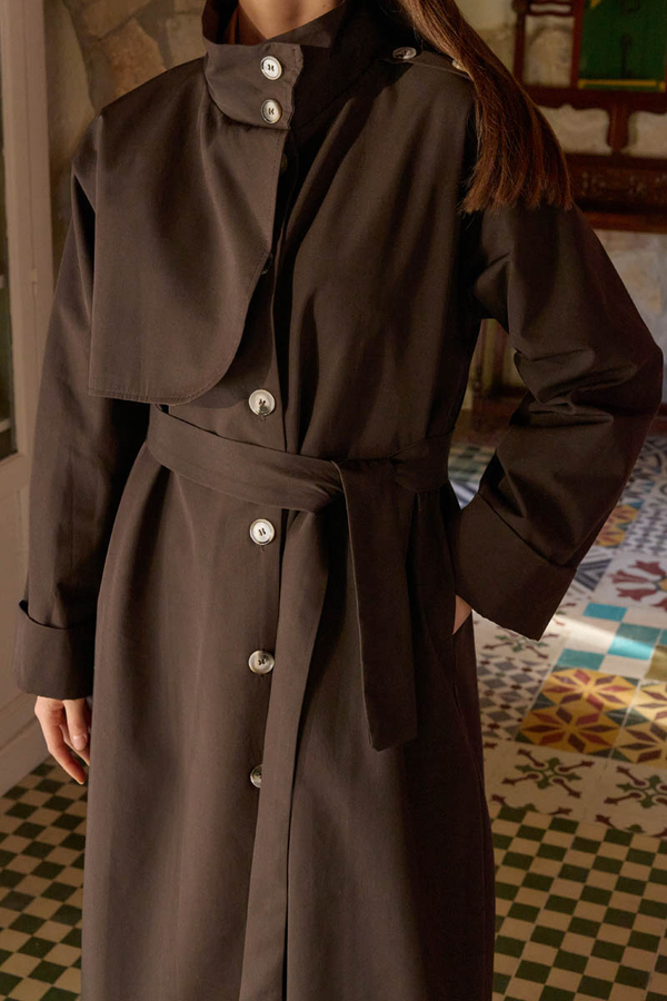 Cotton High-Neck Buttoned Trench Coat Dark Coffee - 3