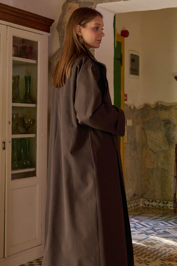 Cotton High-Neck Buttoned Trench Coat Dark Coffee - 4