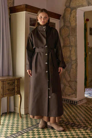 Cotton High-Neck Buttoned Trench Coat Dark Coffee - 1