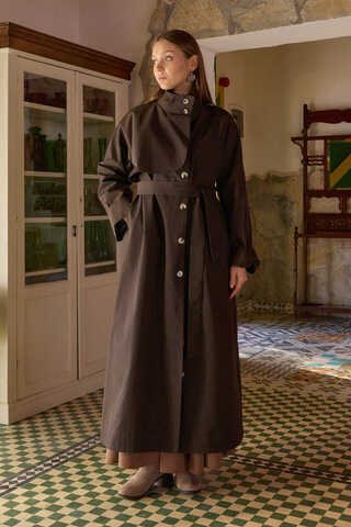 Cotton High-Neck Buttoned Trench Coat Dark Coffee - 5