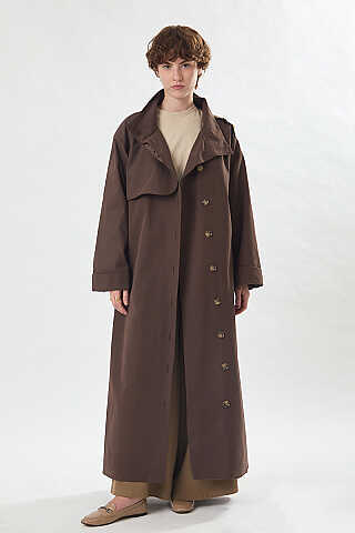 Cotton High-Neck Buttoned Trench Coat Dark Coffee - 6