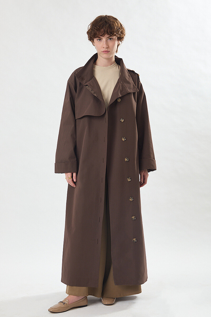 Cotton High-Neck Buttoned Trench Coat Dark Coffee - 6
