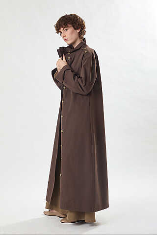 Cotton High-Neck Buttoned Trench Coat Dark Coffee - 7