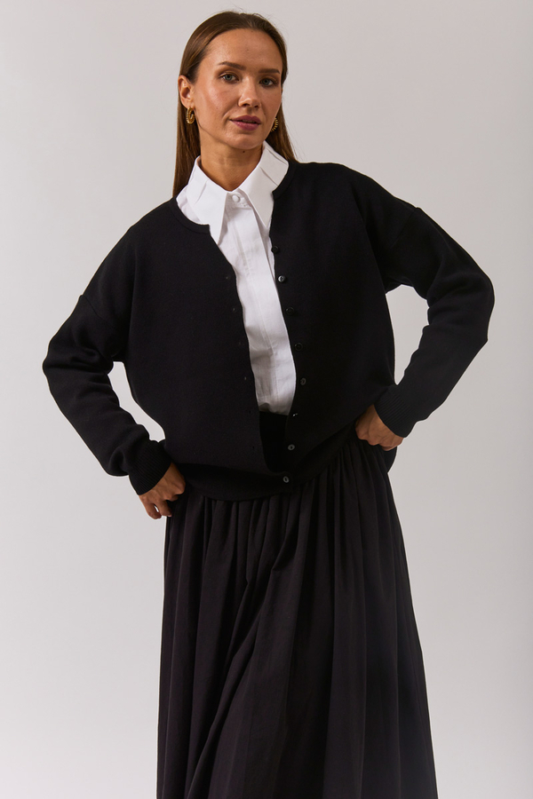 Crew Neck Premium Knit Cardigan Black - 1