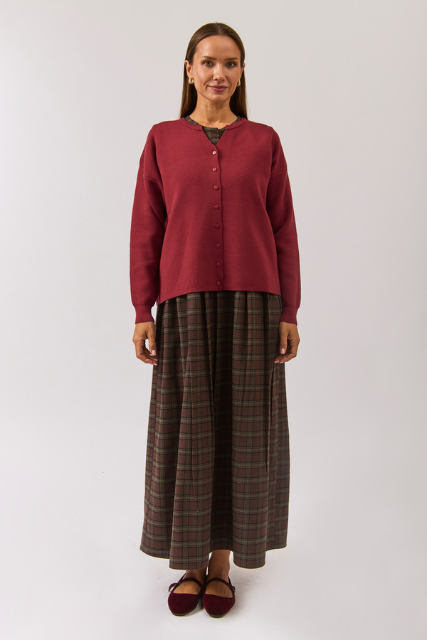 Crew Neck Premium Knit Cardigan Burgundy - 3