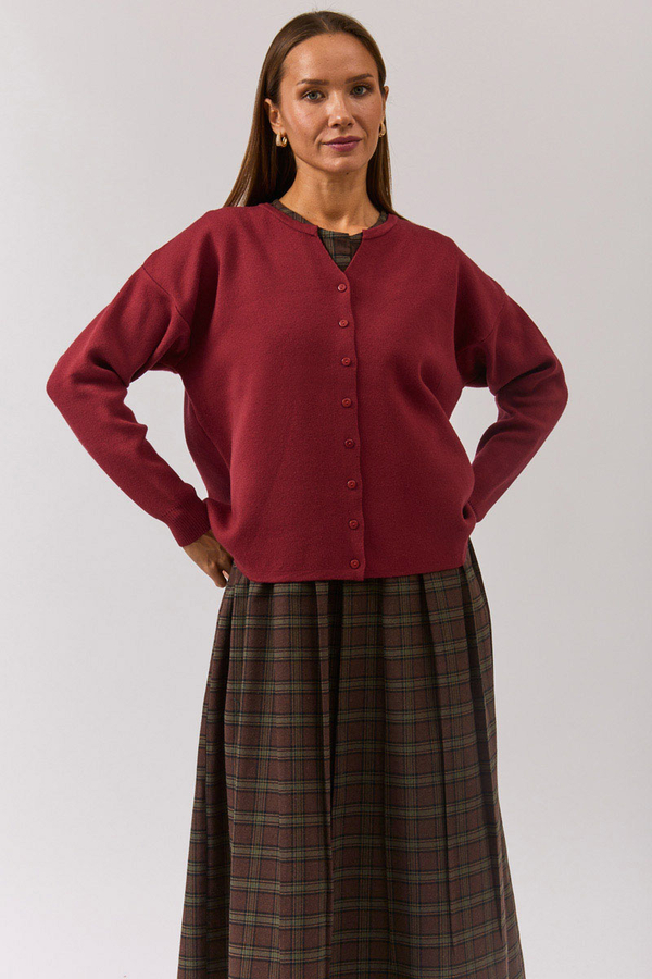 Crew Neck Premium Knit Cardigan Burgundy - 7