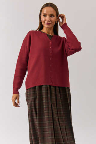 Crew Neck Premium Knit Cardigan Burgundy - 8