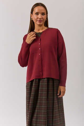 Crew Neck Premium Knit Cardigan Burgundy - 10