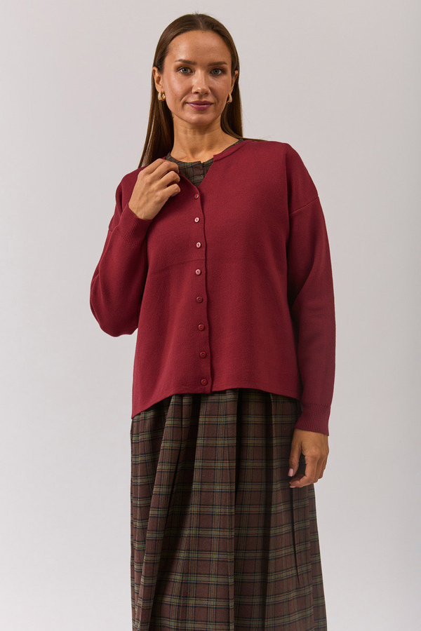 Crew Neck Premium Knit Cardigan Burgundy - 10