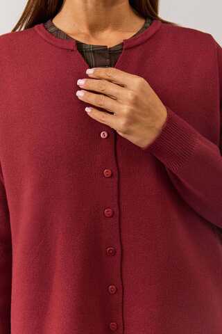 Crew Neck Premium Knit Cardigan Burgundy - 2