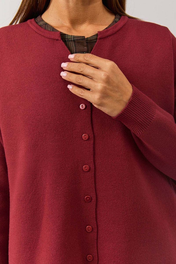 Crew Neck Premium Knit Cardigan Burgundy - 2