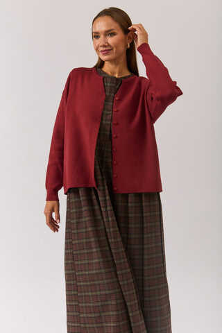 Crew Neck Premium Knit Cardigan Burgundy - 12