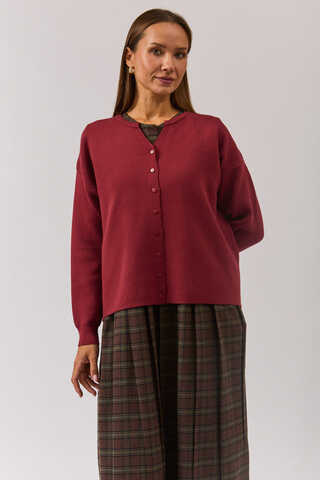 Crew Neck Premium Knit Cardigan Burgundy - 6