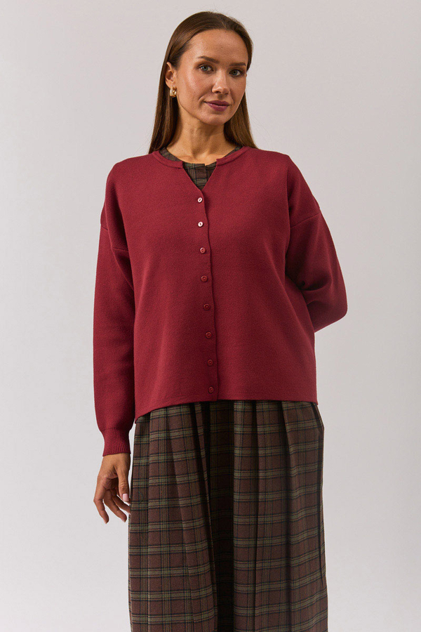 Crew Neck Premium Knit Cardigan Burgundy - 6