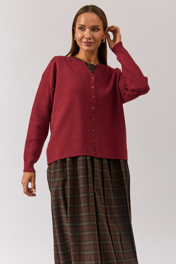 Crew Neck Premium Knit Cardigan Burgundy - 8
