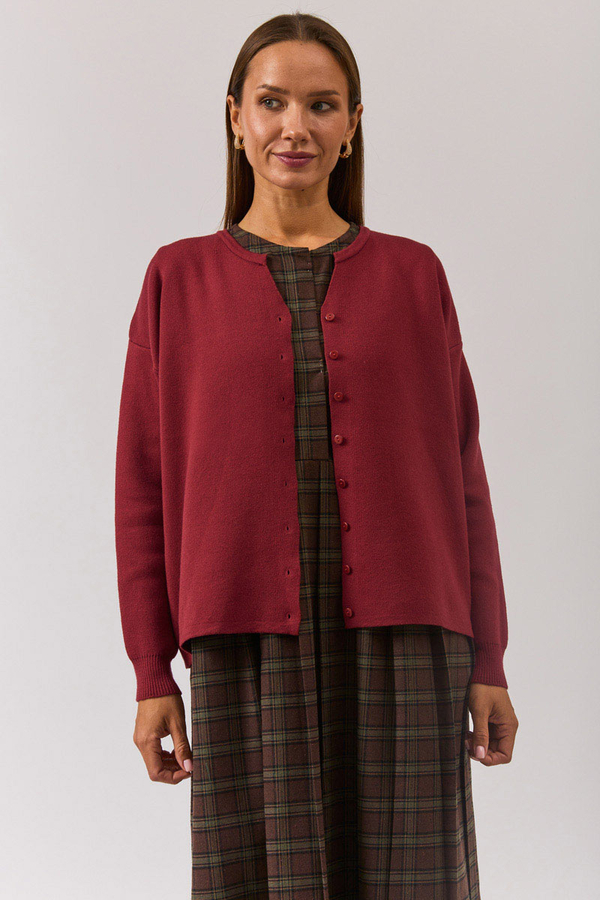 Crew Neck Premium Knit Cardigan Burgundy - 11