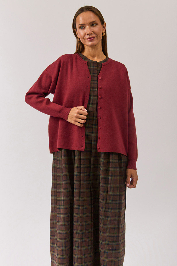 Crew Neck Premium Knit Cardigan Burgundy - 4