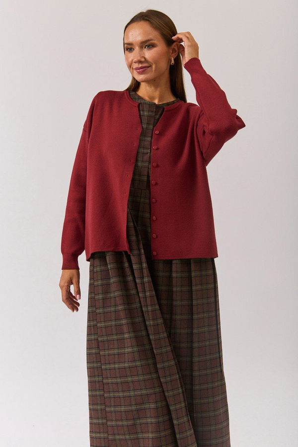 Crew Neck Premium Knit Cardigan Burgundy - 12