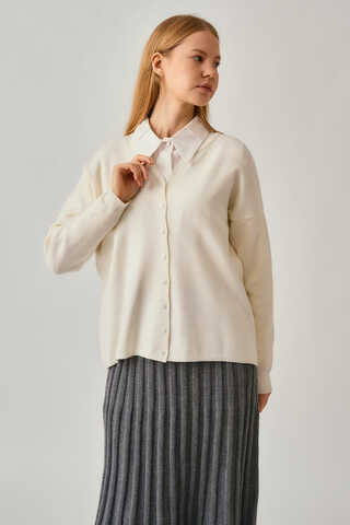 Crew Neck Premium Knit Cardigan Ecru - 8