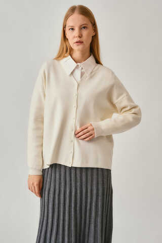 Crew Neck Premium Knit Cardigan Ecru