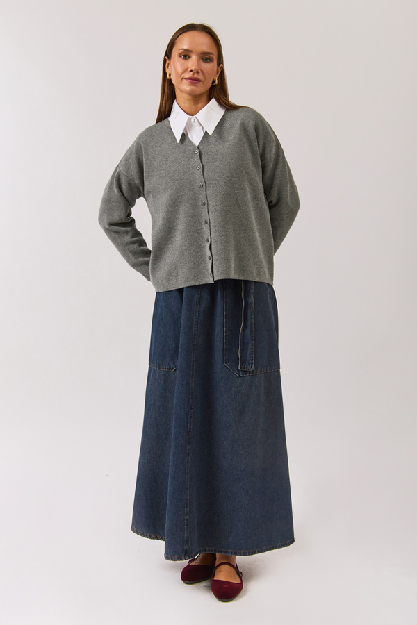 Crew Neck Premium Knit Cardigan Grey - 5